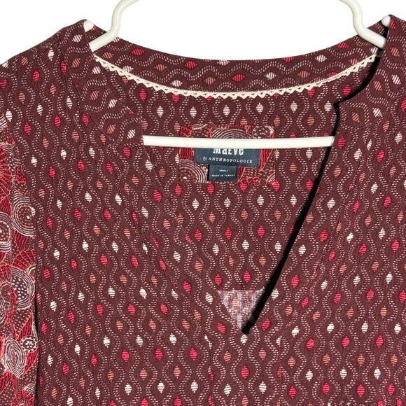 Maeve By Anthropologie burgundy  Boho Print Long Sleeve Dress V-Neck Small - Picture 3 of 8